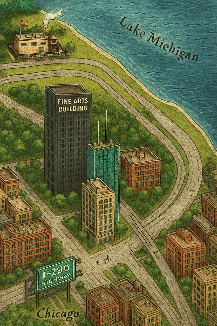 Illustrated map of Chicago and Lake Michigan from The Dead